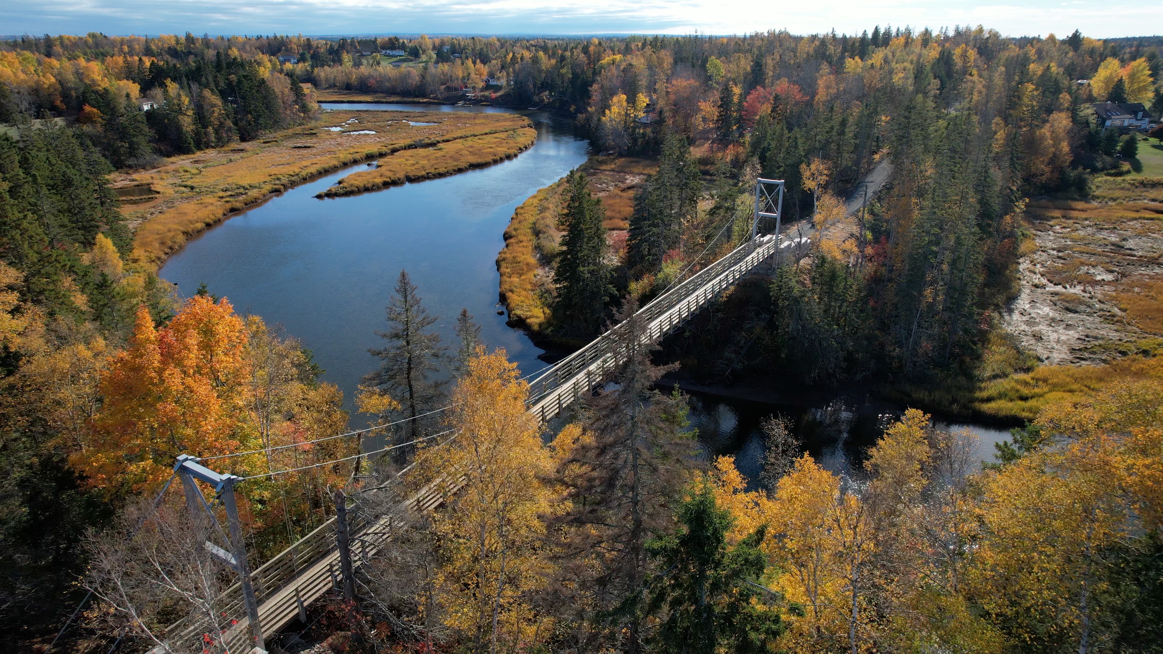 An aerial photo shows the bridge as it crosses the river with vibrant fall colours in the background.